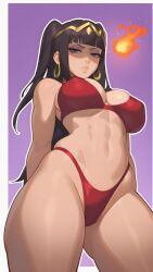 Rule 34 | 1girl, abs, ai-assisted, ai-generated, bikini, black hair, breasts, earrings, fire, fire emblem, highres, jewelry, large breasts, lips, looking at viewer, navel, nintendo, purple eyes, solo, standing, stomach, swimsuit, tenebriskingart, tharja (fire emblem), thighs