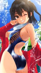 Rule 34 | 1girl, blue one-piece swimsuit, blush, brown eyes, brown hair, competition swimsuit, grin, hair between eyes, highres, jacket, kantai collection, koruri, long sleeves, one-piece swimsuit, one-piece tan, red jacket, sendai (kancolle), short hair, smile, solo, swimsuit, tan, tanline, two side up, water, water drop, wet, zipper