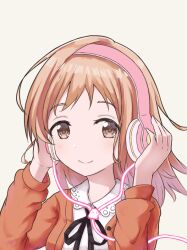 Rule 34 | 1girl, black ribbon, brown eyes, brown hair, closed mouth, collared shirt, commentary, feiyyx, grey background, hands on headphones, hands up, idolmaster, idolmaster shiny colors, jacket, long hair, looking at viewer, neck ribbon, open clothes, open jacket, orange jacket, ribbon, sakuragi mano, shirt, simple background, smile, solo, symbol-only commentary, upper body, white shirt