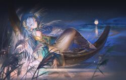 Rule 34 | 1girl, 37 (reverse:1999), absurdres, barefoot, blue eyes, blue hair, blue shirt, blurry, blurry foreground, brown dress, closed mouth, dress, full body, gtcpst, hammock, highres, jewelry, laurel crown, long hair, looking at viewer, moon, neck ring, night, off shoulder, outdoors, reeds, reflection, reverse:1999, shirt, smile, solo, water