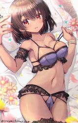 Rule 34 | 1girl, blush, breasts, brown hair, cellphone, cleavage, collarbone, commentary request, commission, dark-skinned female, dark skin, flower, hair between eyes, highres, holding, holding phone, large breasts, lying, navel, on back, original, phone, pillow, red eyes, selfie, sharifah ozdil (tukikagerou), shindoi akio, short hair, sidelocks, skeb commission, smartphone, smile, solo