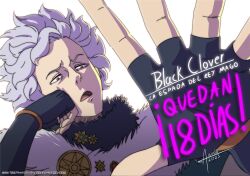 Rule 34 | 1boy, annoyed, artist request, black clover, black clover: sword of the wizard king, copyright name, countdown, elbow rest, fingerless gloves, foreshortening, fur collar, fur trim, gloves, highres, jester garandros, language request, male focus, medallion, official art, official style, outstretched arm, red eyes, short hair, solo, spanish text, text focus, wavy hair, white hair