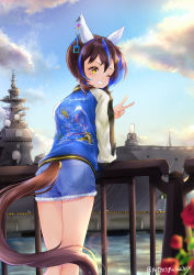 Rule 34 | 1girl, absurdres, aircraft carrier, animal ears, ass, blush, casual, commentary request, daitaku helios (umamusume), highres, horse ears, horse girl, horse tail, lens flare, looking at viewer, medium hair, military, military vehicle, one eye closed, peteron, ship, shorts, sky, solo, tail, umamusume, v, warship, watercraft, yellow eyes