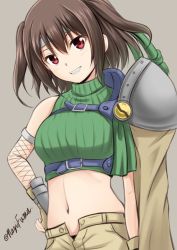 Rule 34 | &gt;:d, 1girl, :d, brown hair, cosplay, final fantasy, final fantasy vii, fuuma nagi, headband, kantai collection, navel, open mouth, red eyes, ribbed sweater, sendai (kancolle), short twintails, simple background, sleeveless, sleeveless turtleneck, smile, solo, sweater, turtleneck, twintails, twitter username, two side up, v-shaped eyebrows, yuffie kisaragi, yuffie kisaragi (cosplay)