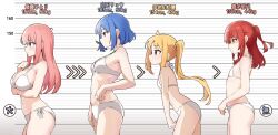 Rule 34 | 4girls, ahoge, amogan, arm under breasts, armpit crease, bare arms, bare shoulders, bikini, blonde hair, blue eyes, blue hair, blush, bocchi the rock!, bra, breasts, bust chart, character name, closed mouth, commentary request, expressionless, flat chest, from side, gotoh hitori, green eyes, halterneck, hand up, height, height chart, highres, ijichi nijika, kita ikuyo, large breasts, leaf, leaning forward, long hair, looking ahead, medium breasts, mouth hold, multiple girls, navel, one side up, panties, pink hair, ponytail, profile, red eyes, red hair, short hair, side-tie bikini bottom, sidelocks, sideways mouth, standing, stomach, sweatdrop, swimsuit, translated, underwear, underwear only, weight, white bikini, white bra, white panties, yamada ryo, yellow eyes