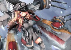 Rule 34 | 10s, 1girl, armband, bare shoulders, bismarck (kancolle), black panties, blonde hair, blue eyes, blush, brown gloves, cross, detached sleeves, gloves, grey thighhighs, hand on headwear, hat, hat over one eye, i.f.s.f, iron cross, kantai collection, light particles, long hair, long sleeves, machinery, military, military uniform, outstretched arm, panties, peaked cap, smile, solo, sparkle, thighhighs, turret, underwear, uniform
