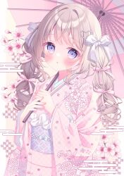 Rule 34 | 1girl, artist name, blush, bow, braid, cherry blossoms, egasumi, floral print, furisode, hair bow, hair ornament, highres, holding, japanese clothes, kimono, long hair, looking at viewer, nail polish, obi, open mouth, original, parasol, parted lips, pink hair, pink kimono, purple eyes, purple sash, puu (kari---ume), ribbon, sash, sleeves past wrists, solo, twin braids, twintails, umbrella, wide sleeves, yukata