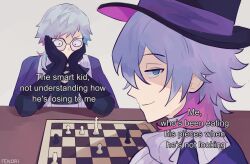 Rule 34 | 2boys, artist name, bettel 2 (gavis bettel), blue eyes, blue hair, brothers, chess piece, chessboard, commentary, eating the chess pieces (meme), english commentary, english text, fenori, from side, gavis bettel, glasses, gloves, grey hair, hair between eyes, hat, heterochromia, highres, holostars, holostars english, looking at viewer, male focus, meme, multicolored hair, multiple boys, pale skin, pink eyes, pink hair, scarf, short hair, siblings, sitting, sketch, smug, top hat, twins, upper body, virtual youtuber, white scarf