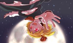 Rule 34 | 1girl, :d, blonde hair, embodiment of scarlet devil, fangs, female focus, full moon, hair ribbon, moon, night, night sky, open mouth, outstretched hand, red eyes, ribbon, rumia, short hair, sky, smile, solo, touhou, upside-down, yafu