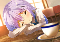 Rule 34 | 1girl, artist name, blue bow, blue hair, blue vest, blurry, blurry background, blurry foreground, blush, bow, chair, chinomaron, closed eyes, commentary request, crossed arms, cup, day, depth of field, dutch angle, facing viewer, gochuumon wa usagi desu ka?, gradient hair, hair between eyes, head rest, indoors, kafuu chino, long hair, long sleeves, multicolored hair, parted lips, purple hair, rabbit house uniform, saucer, shirt, signature, sleeping, solo, sunlight, table, teacup, uniform, vest, white shirt, window