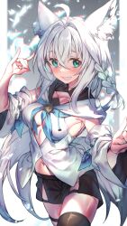 Rule 34 | 1girl, braid, cleavage cutout, clothing cutout, detached sleeves, green eyes, hololive, looking at viewer, redcomet, shirakami fubuki, smile, solo, virtual youtuber, white hair