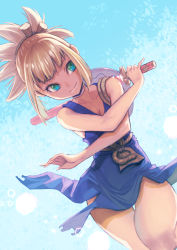 Rule 34 | 1girl, blonde hair, blue background, blue dress, breasts, cleavage, closed mouth, collarbone, cowboy shot, dr. stone, dress, green eyes, holding, holding sword, holding weapon, jj (ssspulse), kohaku (dr. stone), looking to the side, medium breasts, sheath, shield, short dress, sideboob, sleeveless, sleeveless dress, smile, solo, standing, sword, thigh gap, thighs, unsheathing, weapon