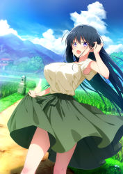 Rule 34 | 1girl, architecture, arm up, black hair, blue sky, breasts, cloud, day, dirt road, east asian architecture, emoi do, field, flower, grass, green skirt, hair blowing, hand in own hair, highres, holding, holding clothes, holding skirt, house, large breasts, long hair, mountain, original, outdoors, path, power lines, purple eyes, rice paddy, road, rural, shirt, short sleeves, skirt, sky, smile, solo, standing, stone wall, summer, tree, utility pole, wall, yellow shirt
