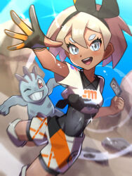 Rule 34 | 1girl, :d, bea (pokemon), black bodysuit, black hairband, blonde hair, blurry, bodysuit, bodysuit under clothes, bow hairband, cellphone, clenched hand, collared shirt, commentary request, covered navel, creatures (company), day, depth of field, game freak, gen 1 pokemon, gloria (pokemon), gloves, grey eyes, hairband, highres, inana umi, knee pads, leg up, looking at viewer, machop, nintendo, open mouth, outdoors, partially fingerless gloves, phone, pokemon, pokemon (creature), pokemon swsh, print shirt, print shorts, shirt, short hair, short sleeves, shorts, side slit, side slit shorts, single glove, smile, solo, spread fingers, teeth, tongue, upper teeth only
