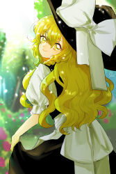 Rule 34 | 1girl, absurdres, back bow, black hat, black skirt, black vest, blonde hair, bow, closed mouth, cowboy shot, day, flower, from behind, hair between eyes, hat, hat ribbon, highres, kirisame marisa, large hat, long hair, looking at viewer, looking back, outdoors, puffy short sleeves, puffy sleeves, red flower, ribbon, shirt, short sleeves, signature, skirt, skirt hold, skirt set, smile, solo, touhou, uchisaki himari, vest, white ribbon, white shirt, witch hat, yellow eyes