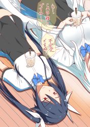 Rule 34 | 2girls, :|, black hair, black legwear, blue bow, blue neckwear, bow, bowtie, bubble tea challenge, closed mouth, commentary request, cup, disposable cup, drinking straw, empty eyes, flat chest, hair ribbon, head out of frame, high-waist skirt, highres, lab coat, long hair, long sleeves, lying, motion lines, multiple girls, no pupils, on back, ore twintail ni narimasu, pleated skirt, ribbon, school uniform, short sleeves, sidelocks, skirt, speech bubble, thighhighs, translation request, tsube aika, twintails, twoearle, white ribbon, you&#039;re doing it wrong, yuto (dialique), zettai ryouiki