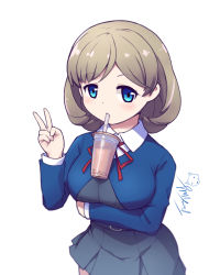 Rule 34 | 1girl, 20s, arm under breasts, blue eyes, blue jacket, breast hold, breasts, brown hair, bubble tea, bubble tea challenge, collared shirt, commentary request, cup, disposable cup, dress, drinking straw, drinking straw in mouth, grey dress, hand up, highres, jacket, langbazi, large breasts, long sleeves, looking at viewer, love live!, love live! superstar!!, neck ribbon, object on breast, pleated dress, red ribbon, ribbon, shirt, signature, simple background, solo, standing, tang keke, v, white background, white shirt