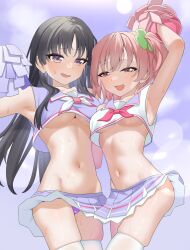 Rule 34 | 2girls, absurdres, arm around waist, arm up, armpits, assault lily, bare arms, bare shoulders, black hair, blue sky, blush, breasts, cheerleader, clothes lift, cloud, clover hair ornament, collarbone, commentary request, cowboy shot, crop top, crop top overhang, day, four-leaf clover hair ornament, groin, hair ornament, half-closed eyes, hand up, highres, hitotsuyanagi riri, holding, holding pom poms, long hair, looking at viewer, medium breasts, midriff, miniskirt, multiple girls, navel, neckerchief, official alternate costume, open mouth, outdoors, panties, parted lips, pink eyes, pink hair, pleated skirt, pom pom (cheerleading), pom poms, purple panties, purple sailor collar, purple shirt, purple skirt, raised eyebrows, red neckerchief, saetusum, sailor collar, shirai yuyu, shirt, short hair, side-by-side, sidelocks, skindentation, skirt, skirt lift, sky, smile, standing, stomach, sweat, thighhighs, underboob, underwear, very long hair, white neckerchief, white shirt, white thighhighs