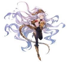 Rule 34 | 1girl, absurdly long hair, armor, bare shoulders, bodysuit, boots, breastplate, elbow gloves, full body, gloves, granblue fantasy, hands on own hips, headpiece, leg up, light purple hair, long hair, looking at viewer, medusa (shingeki no bahamut), minaba hideo, official art, one eye closed, open mouth, pointy ears, red eyes, shingeki no bahamut, skin tight, sleeveless, smile, solo, tail, transparent background, very long hair