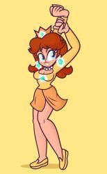 Rule 34 | 1girl, arms up, blue eyes, breasts, cleavage, crown, dancing, earrings, flower earrings, full body, grin, jewelry, legs, lipstick, makeup, mario (series), medium breasts, necklace, nintendo, princess daisy, red hair, skirt, smile, super mario land, tomboy