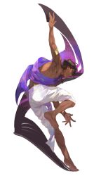 Rule 34 | 1boy, absurdres, arjuna (fate), armlet, armpits, bare shoulders, barefoot, black hair, dark skin, dynamic pose, earrings, fate/grand order, fate (series), gem, gold, hand up, highres, jewelry, muscular, necklace, neruchiru 08, pants, purple shawl, shawl, tiptoes, topless male, white background, white pants