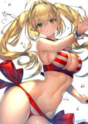 Rule 34 | 1girl, ahoge, bikini, blonde hair, blush, bracelet, breasts, cleavage, fate/grand order, fate (series), green eyes, hair intakes, holding, jewelry, large breasts, long hair, looking at viewer, navel, nero claudius (fate), nero claudius (fate) (all), nero claudius (swimsuit caster) (fate), sencha (senchat), simple background, smile, solo, striped bikini, striped clothes, swimsuit, twintails, twitter username, water, white background