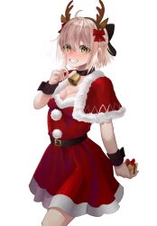 Rule 34 | 1girl, antlers, bell, belt, black belt, black bow, black choker, blonde hair, bow, capelet, character request, choker, christmas, commentary request, cowboy shot, dress, fake antlers, fate/grand order, fate (series), finger to mouth, fur-trimmed capelet, fur-trimmed dress, fur trim, gift, grin, hair bow, highres, holding, holding gift, horns, looking at viewer, neck bell, nida keita, okita souji (fate), red capelet, red dress, reindeer antlers, santa dress, short dress, short hair, shushing, simple background, smile, solo, standing, white background, wrist cuffs, yellow eyes
