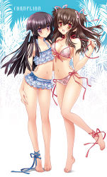 Rule 34 | 2girls, ankle lace-up, barefoot, bikini, black hair, blush, breast envy, breasts, brown hair, carnelian, cleavage, cross-laced footwear, feet, frills, front-tie top, hair ribbon, hand on own hip, honoka (carnelian), large breasts, legs, long hair, multiple girls, navel, open mouth, original, plaid, plaid bikini, ribbon, ririka (carnelian), side-tie bikini bottom, small breasts, swimsuit, tiptoes, twintails, underboob