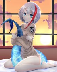 Rule 34 | 1girl, 3:, admiral graf spee (azur lane), admiral graf spee (daily peaceful life) (azur lane), admiral graf spee (peaceful daily life) (azur lane), azur lane, bare legs, barefoot, bed sheet, blue eyes, blunt bangs, brown sweater, cloud, cloudy sky, collarbone, commentary request, eyes visible through hair, fins, fish tail, hair between eyes, helvetica std, highres, hugging own tail, hugging tail, long sleeves, looking at viewer, multicolored hair, no pants, official alternate costume, short hair, short hair with long locks, sidelocks, silver hair, sitting, sky, solo, streaked hair, sun, sweater, tail, twilight, two-tone hair, wariza, window