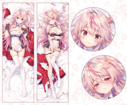 Rule 34 | 1girl, arm under breasts, asymmetrical legwear, azur lane, bed sheet, black panties, blush, breasts, buttons, cleavage, coat, unworn coat, collarbone, commentary request, dakimakura (medium), detached collar, expressions, fingerless gloves, floral background, from above, full body, gloves, unworn gloves, grenville (azur lane), hair between eyes, hair ornament, half-closed eyes, halterneck, large breasts, long hair, looking at viewer, lying, mismatched legwear, multicolored hair, multiple views, no shoes, nose blush, on back, one side up, panties, panty pull, parted lips, partially undressed, pink hair, purple hair, red coat, red eyes, riichu, side ponytail, sidelocks, skindentation, smile, streaked hair, sweatdrop, thighhighs, underbust, underwear, white thighhighs