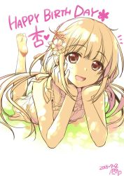 Rule 34 | 1girl, :d, alpha (yukai na nakamatachi), barefoot, blush, character name, head rest, commentary request, dated, dress, feet, flower, futaba anzu, hair flower, hair ornament, hand on own cheek, hand on own face, happy birthday, highres, idolmaster, idolmaster cinderella girls, legs up, light blush, lying, on stomach, open mouth, smile, soles, solo, sundress, toes