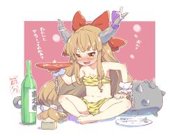 Rule 34 | 1girl, alcohol, alternate costume, animal print, barefoot, blouse, blush, bottle, bow, bra, chain, club, club (weapon), commentary request, cup, drunk, ear blush, fang, flat chest, full body, grey horns, hair bow, horn bow, horn ornament, horns, ibuki suika, kanabou, light brown hair, long hair, looking at viewer, masu, navel, nose blush, open mouth, panties, plate, pointy ears, print bra, print panties, purple bow, red bow, sakazuki, sake, sake bottle, sardine, setsubun, shirt, sitting, smile, solo, soybean, spiked club, squeans, tanasuke, tiger print, touhou, translation request, underwear, very long hair, weapon, wrist cuffs, yellow eyes