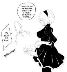 Rule 34 | 1futa, 1other, 2b (nier:automata), ^^^, artist name, black dress, black hairband, blush, breasts, closed mouth, clothes lift, cowboy shot, dress, dress lift, english text, from behind, futanari, hairband, highres, large breasts, lifting own clothes, monochrome, nier:automata, nier (series), penis, pod (nier:automata), precum, profile, puffy sleeves, robot, short hair, sideboob, simple background, speech bubble, sweatdrop, taku34128, twitter username, uncensored, veins, veiny penis, white background