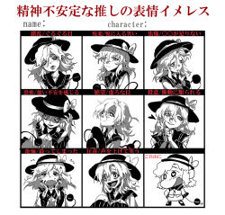 Rule 34 | 1girl, :3, biting, blood, blood in hair, blood on hands, blouse, bow, chart, crayon shin-chan, crazy eyes, crazy smile, diamond (shape), english text, fingers to cheeks, frilled shirt collar, frilled sleeves, frills, hand on headwear, hat, hat bow, unworn hat, head tilt, unworn headwear, heart, heart-shaped pupils, highres, interlocked fingers, komeiji koishi, long hair, long sleeves, looking at viewer, looking up, monochrome, multiple views, own hands clasped, own hands together, parody, seeker, shaded face, shirt, sketch, sleeves past wrists, smile, style parody, symbol-shaped pupils, teeth, third eye, thumb biting, tongue, tongue out, touhou, translation request, yo-yo