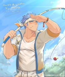 Rule 34 | 1boy, absurdres, bara, blue hair, blush, bulge, cloud, cloudy sky, cowboy shot, fishing rod, gou mangwu, hair slicked back, hand up, happy birthday, headband, highres, holding, holding fishing rod, long sideburns, male focus, male swimwear, mint, muscular, muscular male, open clothes, open shirt, original, pectoral cleavage, pectorals, short hair, sideburns, sky, solo, sunlight, swim trunks, swimsuit, thick eyebrows, topless male, unzipped, weibo logo, weibo watermark, white male swimwear, white swim trunks