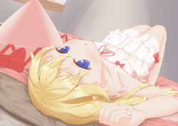 Rule 34 | 1girl, blonde hair, bloomers, blue eyes, blush, bow, chemise, dutch angle, hat, hat bow, unworn hat, unworn headwear, highres, lily white, long hair, looking at viewer, lying, on back, on bed, open mouth, sleeveless, solo, tat rous, touhou, underwear, upside-down