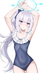 Rule 34 | 1girl, absurdres, bare arms, bare legs, bare shoulders, black one-piece swimsuit, blue archive, blue halo, blush, closed mouth, covered navel, cowboy shot, frilled one-piece swimsuit, frills, gluteal fold, grey hair, halo, highres, kurigura (sketch san), long hair, looking at viewer, miyako (blue archive), miyako (swimsuit) (blue archive), off-shoulder one-piece swimsuit, off shoulder, official alternate costume, one-piece swimsuit, ponytail, purple eyes, simple background, solo, swimsuit, white background