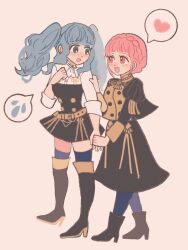 Rule 34 | 2girls, alternate costume, alternate hairstyle, belt, blue hair, boots, braid, breasts, chimney (chimney0311), cosplay, costume switch, female focus, fire emblem, fire emblem: three houses, full body, grey eyes, hairstyle switch, heart, high heels, highres, hilda valentine goneril, hilda valentine goneril (cosplay), light blue hair, long hair, long sleeves, marianne von edmund, marianne von edmund (cosplay), matching hair/eyes, medium breasts, multiple girls, nervous, nintendo, open mouth, pantyhose, pink eyes, pink hair, shirt, short hair, skirt, smile, spoken heart, thigh boots, thighhighs, twintails