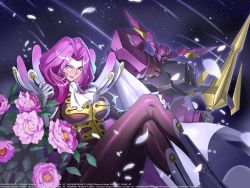 Rule 34 | 1girl, artist request, ascot, black pantyhose, breasts, cape, code geass, code geass: genesic re;code, cornelia li britannia, crossed legs, feathers, flower, gloucester (code geass), gloves, grey gloves, hand on own leg, head tilt, holding, holding polearm, holding weapon, jacket, juliet sleeves, knightmare frame, lance, large breasts, leaf, long hair, long sleeves, looking at viewer, mecha, official art, pantyhose, parted bangs, pink flower, polearm, puffy sleeves, purple jacket, purple lips, robot, science fiction, smile, solo focus, weapon, white ascot, white cape