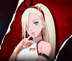 Rule 34 | 1girl, blonde hair, blue eyes, bracelet, close-up, earrings, finger on lips, hair over one eye, hair ribbon, jewelry, lipstick, long hair, looking at viewer, makeup, naruto (series), naruto shippuuden, necklace, official art, ponytail, ribbon, smile, yamanaka ino