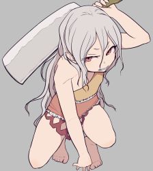 Rule 34 | 1girl, bare shoulders, barefoot, clenched teeth, convenient arm, dress, eyes visible through hair, flat chest, full body, grey background, hair between eyes, half-closed eye, hatchet, head tilt, highres, long hair, looking at viewer, marsen, multicolored clothes, multicolored dress, nata (tool), orange dress, outline, raised eyebrow, red dress, red eyes, sakata nemuno, silver hair, simple background, single strap, sleeveless, solo, squatting, teeth, thighs, toes, touhou, very long hair, wavy hair, yellow dress