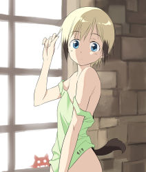 Rule 34 | 1girl, agahari, animal ears, bad id, bad pixiv id, bare shoulders, blonde hair, blue eyes, dog ears, dog tail, erica hartmann, looking at viewer, miyafuji yoshika, short hair, silhouette demon, solo, strap slip, strike witches, tail, tank top, world witches series