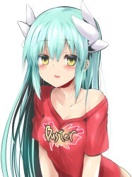 Rule 34 | 1girl, bare shoulders, blush, breasts, buster shirt, collarbone, dragon girl, dragon horns, fate/grand order, fate (series), green hair, horns, kiyohime (fate), long hair, looking at viewer, medium breasts, multiple horns, off shoulder, open mouth, red shirt, sen (astronomy), shirt, short sleeves, smile, solo, thighs, yellow eyes