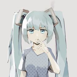 Rule 34 | 1girl, bandaid, bandaid on hand, blue eyes, blue hair, blue shirt, cigarette, closed mouth, hatsune miku, long hair, looking at viewer, mouth hold, polka dot, polka dot shirt, shirt, short sleeves, smoking, solo, twintails, viroa, vocaloid
