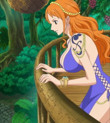 Rule 34 | 1girl, bare shoulders, blue dress, bracelet, breasts, brown eyes, cleavage, curvy, dress, earrings, highres, jewelry, large breasts, long hair, nami (one piece), one piece, orange hair, parted lips, screencap, solo, tagme, tattoo, tree