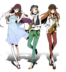 Rule 34 | 10s, 3girls, ;d, a-rise, absurdres, aged up, black eyes, black hat, blue dress, brown hair, brown pants, closed eyes, collarbone, dress, earrings, full body, green eyes, green pants, hat, highres, holding, holding instrument, holding violin, instrument, jewelry, kira tsubasa, leg up, long hair, looking at viewer, love live!, love live! school idol project, mole, mole under eye, multiple girls, music, one eye closed, open mouth, pants, playing instrument, saxophone, see-through, short hair, simple background, sleeveless, sleeveless dress, smile, standing, todo erena, transparent, vice (kuronekohadokoheiku), violin, white background, yuki anju