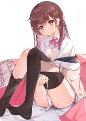 Rule 34 | 1girl, :o, absurdres, black legwear, blush, bow, bowtie, breasts, brown hair, brown jacket, button gap, character request, cleavage, collared shirt, copyright request, dress shirt, earrings, hair ornament, heart, heart earrings, heart in eye, highres, holding, holding clothes, holding panties, holding underwear, jacket, jewelry, knees up, long hair, long sleeves, looking at viewer, medium breasts, off shoulder, open clothes, open jacket, panties, unworn panties, parted lips, pink bow, pink bowtie, pussy juice, red eyes, school uniform, shirt, simple background, sitting, solo, symbol in eye, thighhighs pull, underwear, very long hair, virtual youtuber, white background, white panties, white shirt, x hair ornament, xiao lin jiu