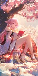 Rule 34 | 1girl, absurdres, bare shoulders, book, breasts, cherry blossoms, commentary request, detached sleeves, genshin impact, highres, holding, holding book, long hair, long sleeves, looking at viewer, medium breasts, petals, pink hair, purple eyes, sandals, shirt, sideboob, sitting, sleeveless, sleeveless shirt, smile, solo, thighs, touming tomei, very long hair, white shirt, yae miko