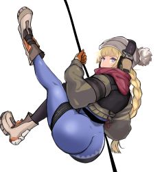 Rule 34 | 1girl, absurdres, ass, back, bad id, bad pixiv id, blonde hair, blue eyes, boots, braid, braided ponytail, brown jacket, closed mouth, girls&#039; frontline, gloves, grey headwear, headphones, highres, holding, holding rope, jacket, leggings, legs, legs up, long hair, looking at viewer, loveu, official alternate costume, orange gloves, red scarf, rope, scarf, solo, spandex, thighs, vhs (girls&#039; frontline), vhs (keeper on page 8) (girls&#039; frontline), white background