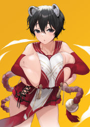 Rule 34 | 1girl, absurdres, animal ears, bare shoulders, black eyes, black hair, blue archive, blush, breasts, collarbone, covered collarbone, deep skin, elbow gloves, gloves, grabbing own breast, hair between eyes, highres, huge breasts, lan xiezi, open mouth, red gloves, red skirt, short hair, signature, simple background, skindentation, skirt, solo, tsubaki (blue archive), yellow background